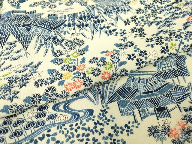 平和屋着物▽上質な小紋　単衣　型染　茶屋辻風景花文　正絹　逸品　DABE4374az