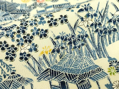 平和屋着物▽上質な小紋　単衣　型染　茶屋辻風景花文　正絹　逸品　DABE4374az
