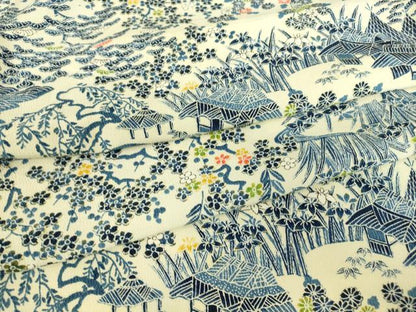 平和屋着物▽上質な小紋　単衣　型染　茶屋辻風景花文　正絹　逸品　DABE4374az