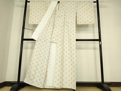 平和屋着物▽上質な紬　単衣　麻の葉文　正絹　逸品　DABE4377az