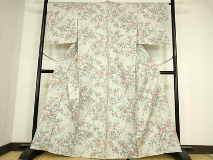 平和屋着物▽上質な紬　単衣　草花文　正絹　逸品　DABE4380az