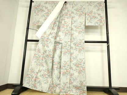 平和屋着物▽上質な紬　単衣　草花文　正絹　逸品　DABE4380az
