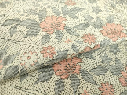 平和屋着物▽上質な紬　単衣　草花文　正絹　逸品　DABE4380az