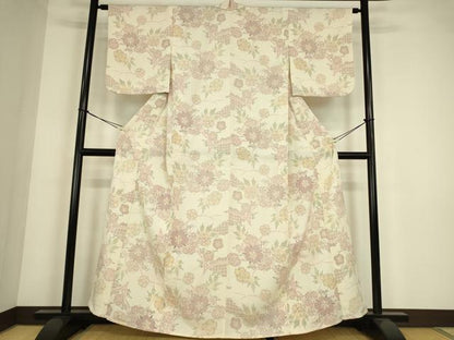 平和屋着物▽本塩沢　単衣　草花文　正絹　逸品　DABE4381az