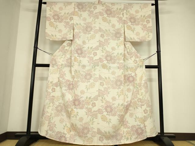 平和屋着物▽本塩沢　単衣　草花文　正絹　逸品　DABE4381az