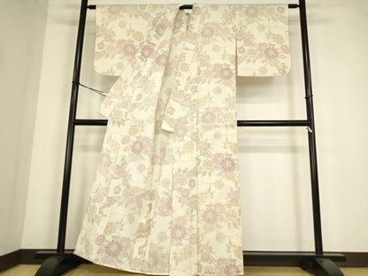 平和屋着物▽本塩沢　単衣　草花文　正絹　逸品　DABE4381az