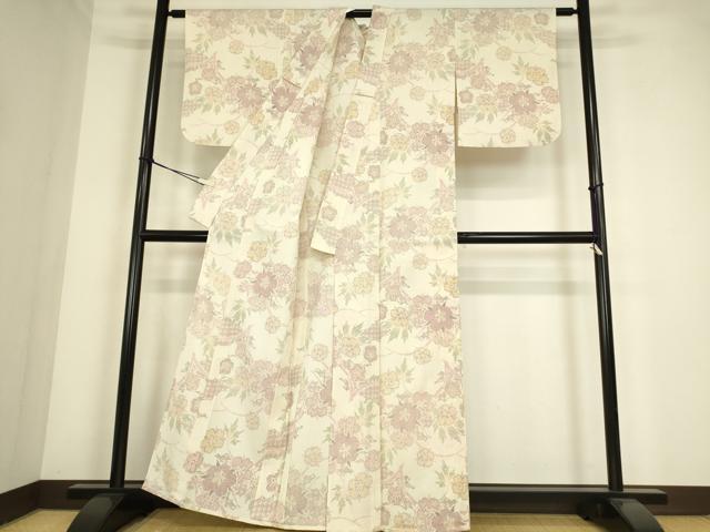 平和屋着物▽本塩沢　単衣　草花文　正絹　逸品　DABE4381az