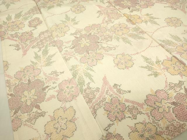 平和屋着物▽本塩沢　単衣　草花文　正絹　逸品　DABE4381az