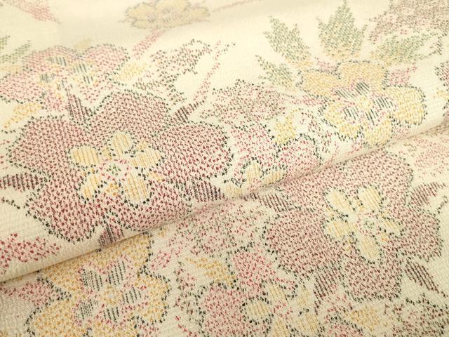 平和屋着物▽本塩沢　単衣　草花文　正絹　逸品　DABE4381az