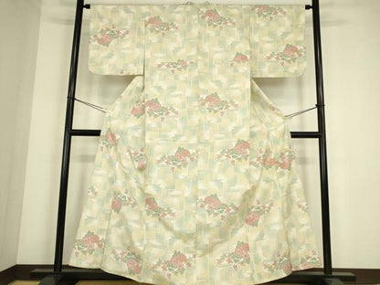 平和屋着物▽上質な紬　単衣　霞取り花文　正絹　逸品　DABE4382az