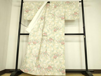 平和屋着物▽上質な紬　単衣　霞取り花文　正絹　逸品　DABE4382az
