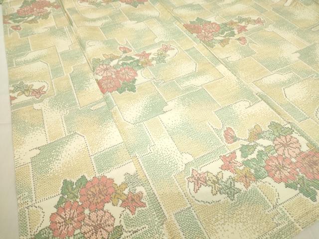平和屋着物▽上質な紬　単衣　霞取り花文　正絹　逸品　DABE4382az
