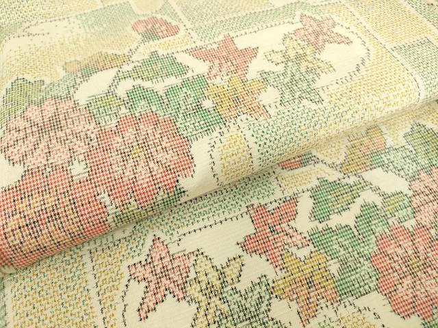 平和屋着物▽上質な紬　単衣　霞取り花文　正絹　逸品　DABE4382az