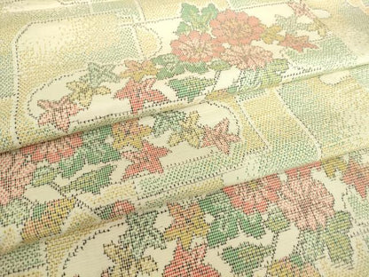 平和屋着物▽上質な紬　単衣　霞取り花文　正絹　逸品　DABE4382az