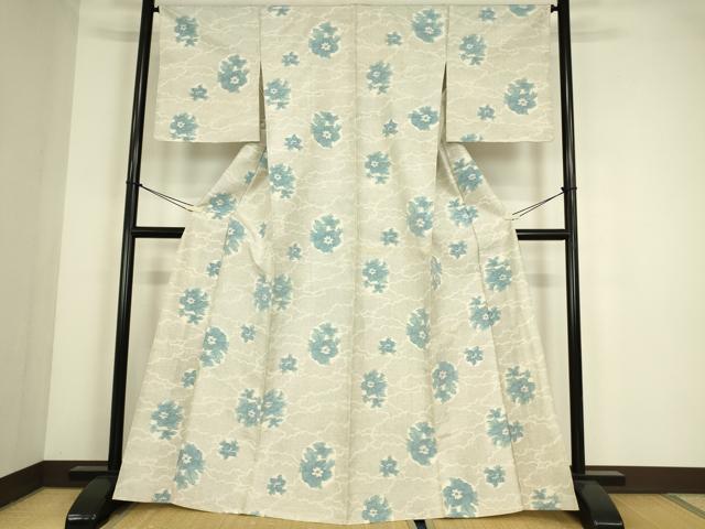平和屋着物▽上質な紬　単衣　草花文　正絹　逸品　DABE4384az