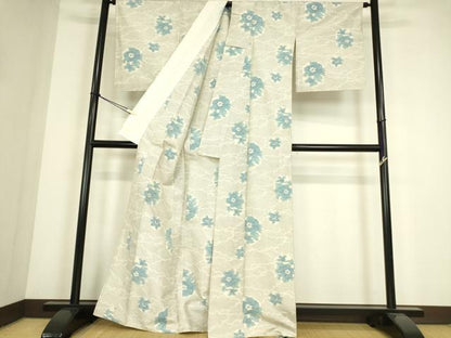 平和屋着物▽上質な紬　単衣　草花文　正絹　逸品　DABE4384az