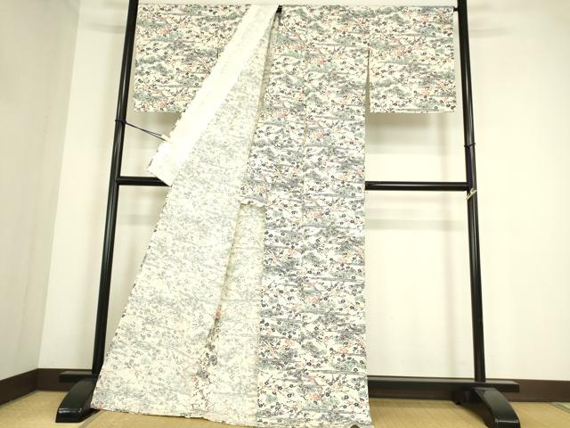 平和屋着物▽上質な小紋　単衣　型染　吉祥飛鶴花松文　正絹　逸品　DABE4386az
