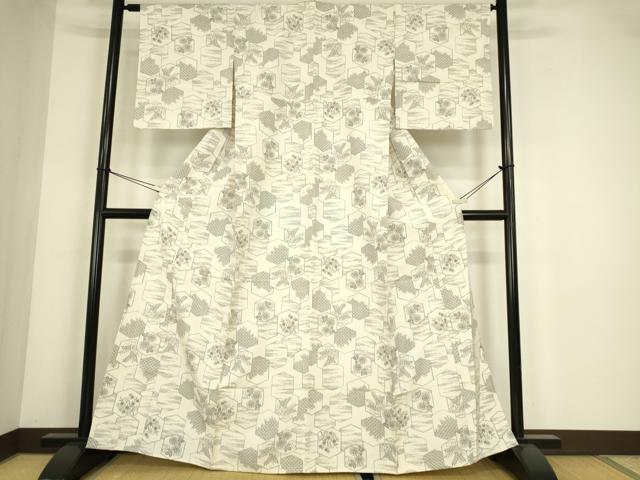 平和屋着物▽上質な紬　単衣　亀甲花文　正絹　逸品　DABE4387az