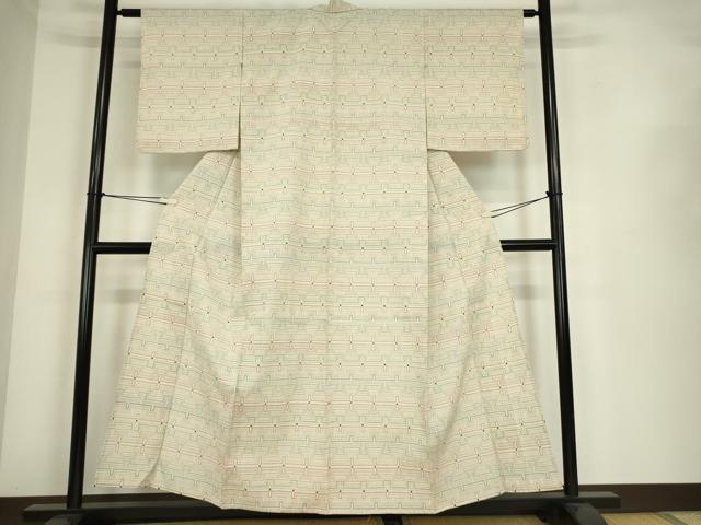 平和屋着物▽本塩沢　単衣　幾何学文　正絹　逸品　DABE4399az
