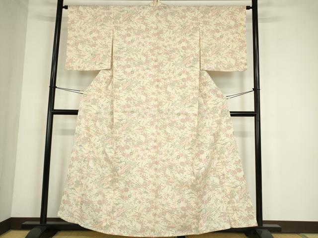 平和屋着物▽本塩沢　単衣　更紗花文　正絹　逸品　DABE4400az