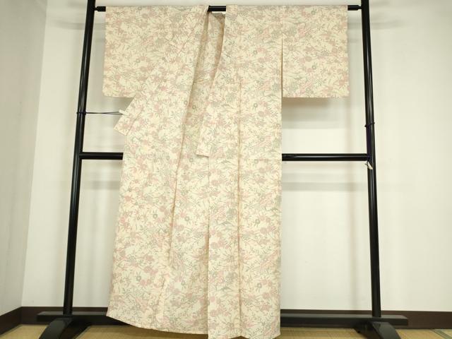 平和屋着物▽本塩沢　単衣　更紗花文　正絹　逸品　DABE4400az