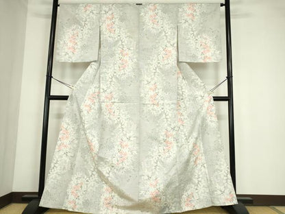 平和屋着物▽上質な紬　単衣　草花文　正絹　逸品　DABE4401az