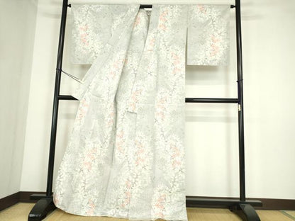 平和屋着物▽上質な紬　単衣　草花文　正絹　逸品　DABE4401az