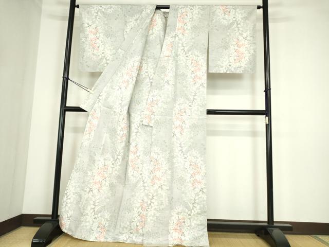 平和屋着物▽上質な紬　単衣　草花文　正絹　逸品　DABE4401az