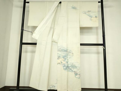 平和屋着物▽訪問着　単衣　水辺風景文　正絹　逸品　DABE4402az