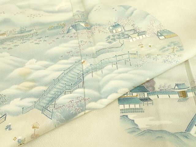 平和屋着物▽訪問着　単衣　水辺風景文　正絹　逸品　DABE4402az