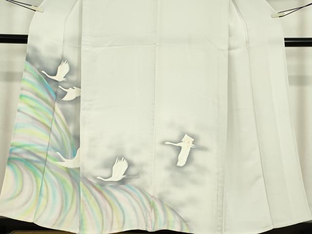 平和屋着物▽上質な紬　単衣　飛鶴文　正絹　逸品　AABD9436jh 平和屋着物▽上質な小紋 単衣 型染め 風景花文 鬼しぼ縮緬 やまと誂製