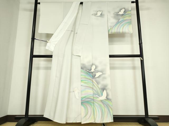 平和屋着物▽訪問着 単衣 飛鶴文 暈し染め 正絹 逸品