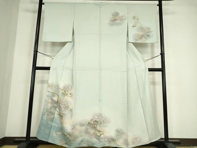 平和屋着物▽訪問着　単衣　水辺風景片輪車花文　暈し染め　金彩　正絹　逸品　DABE4416az