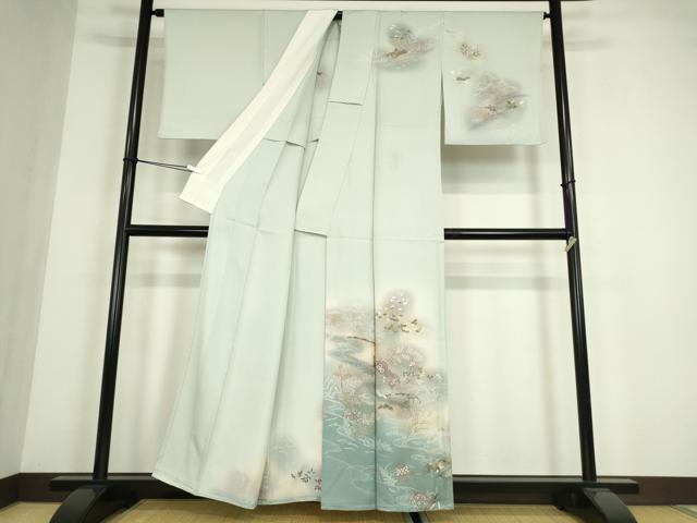平和屋着物▽訪問着　単衣　水辺風景片輪車花文　暈し染め　金彩　正絹　逸品　DABE4416az