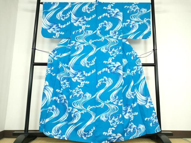 平和屋着物▽男性　小紋　単衣　立波文　綿　DABE4420az