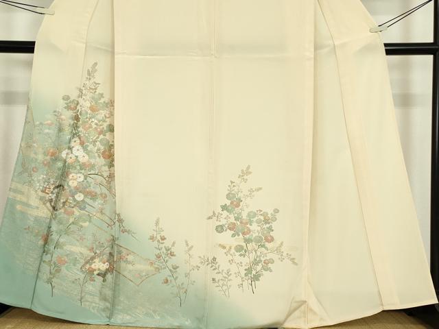 平和屋着物▽訪問着　単衣　花車檜扇花文　暈し染め　金銀彩　正絹　逸品　DABE4421az