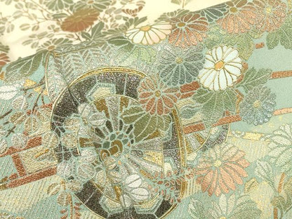 平和屋着物▽訪問着　単衣　花車檜扇花文　暈し染め　金銀彩　正絹　逸品　DABE4421az
