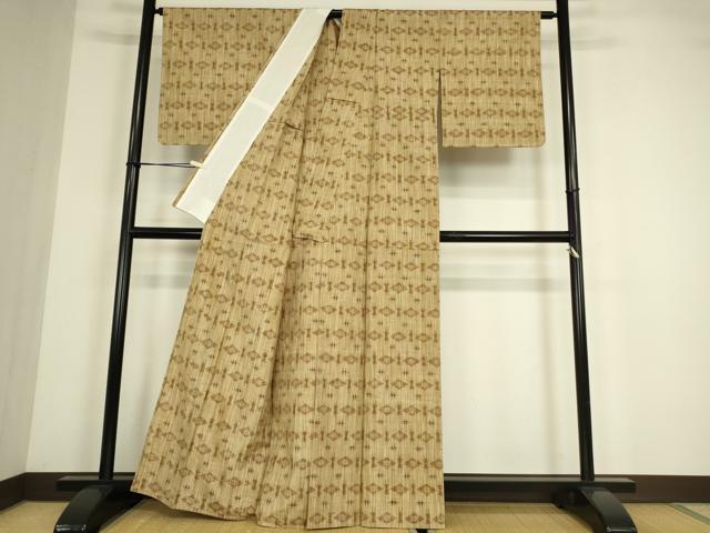平和屋着物▽上質な紬 　単衣　菱花文 　正絹　逸品　未使用　DABE4425az