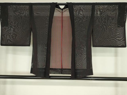 平和屋着物▽羽織　スリーシーズン　春夏秋　塵除け　紗　縞　黒地　正絹　逸品　DABE4436az
