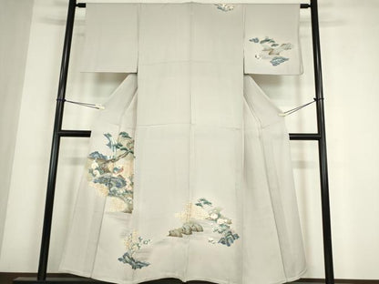 平和屋着物▽訪問着　単衣　休み鳥老松文　金彩　正絹　逸品　DABE4442az