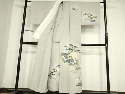 平和屋着物▽訪問着　単衣　休み鳥老松文　金彩　正絹　逸品　DABE4442az