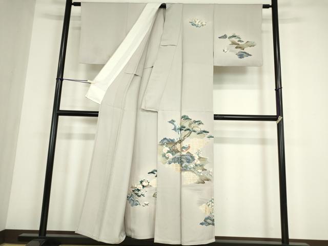 平和屋着物▽訪問着　単衣　休み鳥老松文　金彩　正絹　逸品　DABE4442az