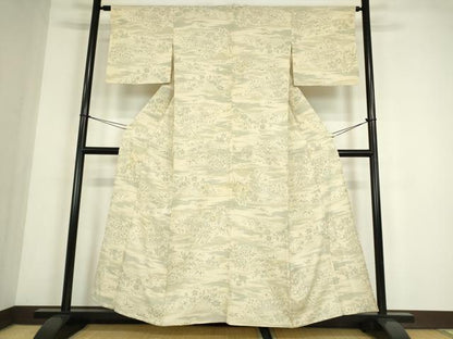 平和屋着物▽本塩沢　単衣　籬花文　正絹　逸品　DABE4449az