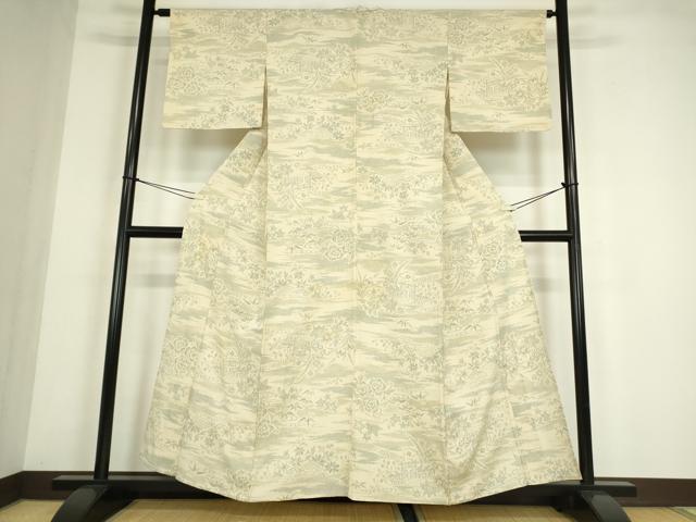 平和屋着物▽本塩沢　単衣　籬花文　正絹　逸品　DABE4449az