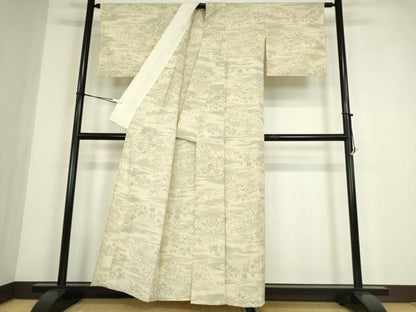 平和屋着物▽本塩沢　単衣　籬花文　正絹　逸品　DABE4449az