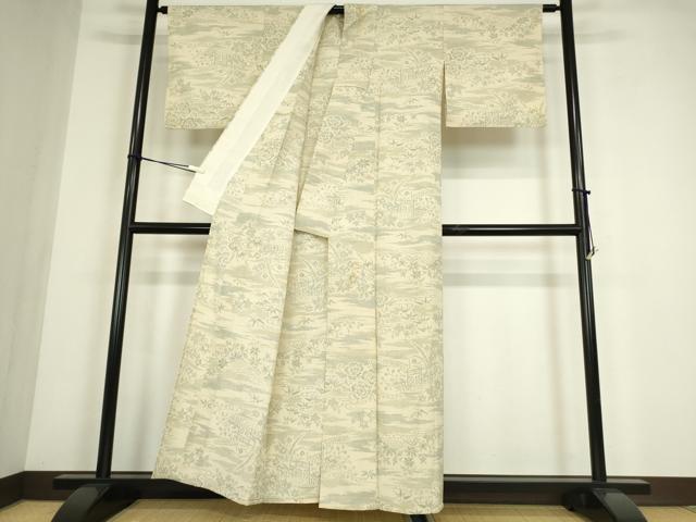 平和屋着物▽本塩沢　単衣　籬花文　正絹　逸品　DABE4449az