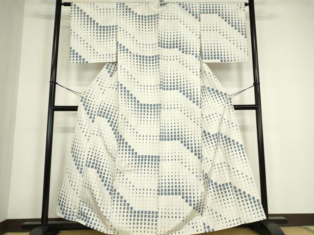 平和屋着物▽上質な紬　単衣　変わり格子　正絹　逸品　DABE4460az