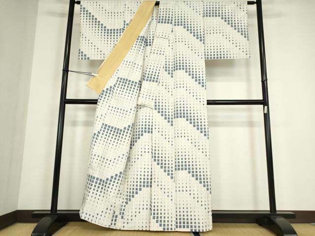 平和屋着物▽上質な紬　単衣　変わり格子　正絹　逸品　DABE4460az