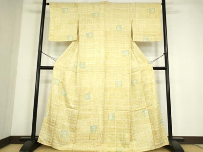 平和屋着物▽上質な小紋　単衣　市松花文　金糸　三越扱い　正絹　逸品　DABE4461az
