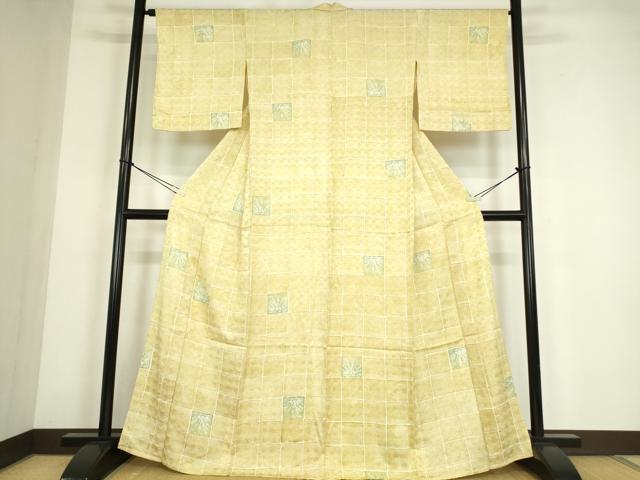 平和屋着物▽上質な小紋　単衣　市松花文　金糸　三越扱い　正絹　逸品　DABE4461az